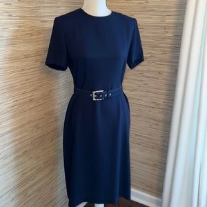Leslie Fay navy dress with belt & striped jacket. Size 8 EUC!